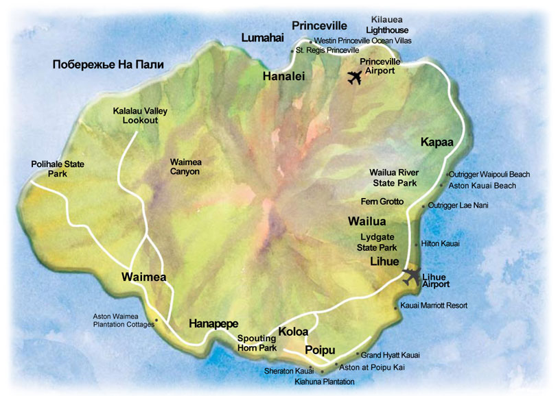 Pасположение гостиниц на острове Кауаи 