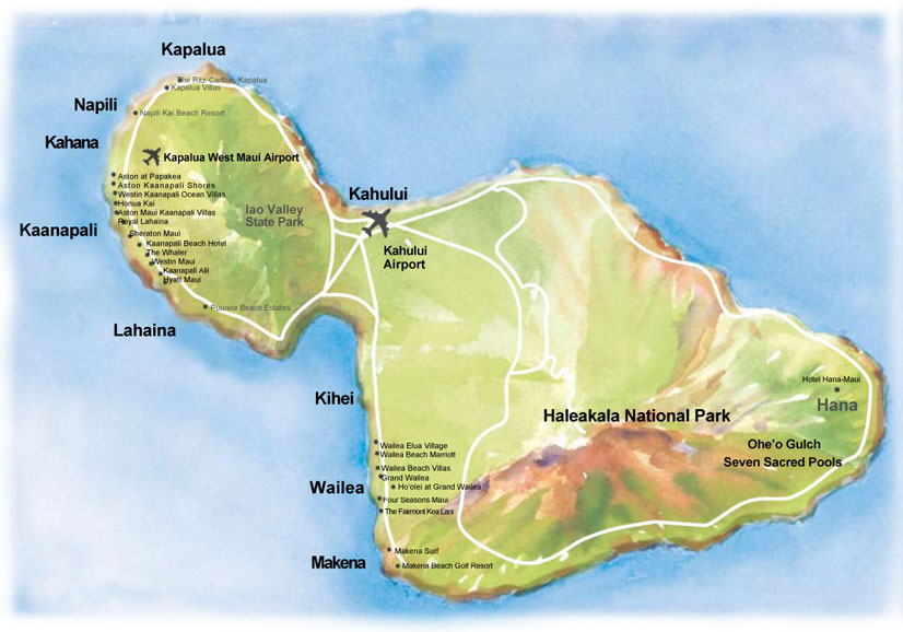 Расположение гостиниц на острове Мауи